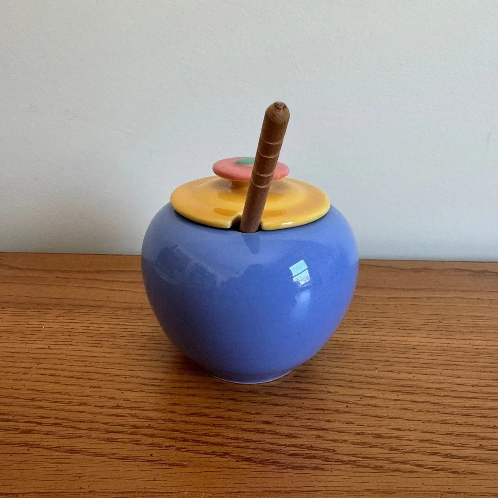 Vintage Ceramic Honey Pot Jar with Lid and Wooden Dipper Pastel‎ Colors